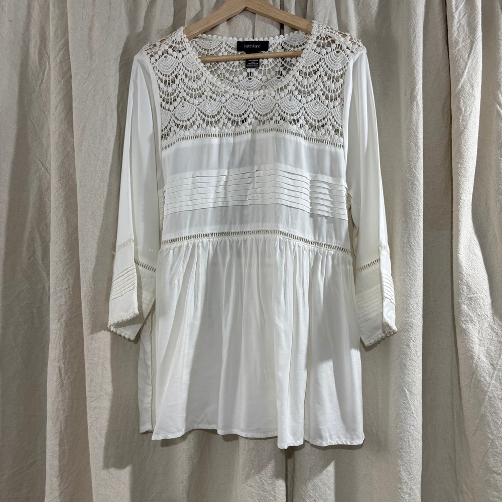 Karen Kane White Boho Lace Back Pintuck Peasant Blouse Top Large RN 59168 - Picture 2 of 7